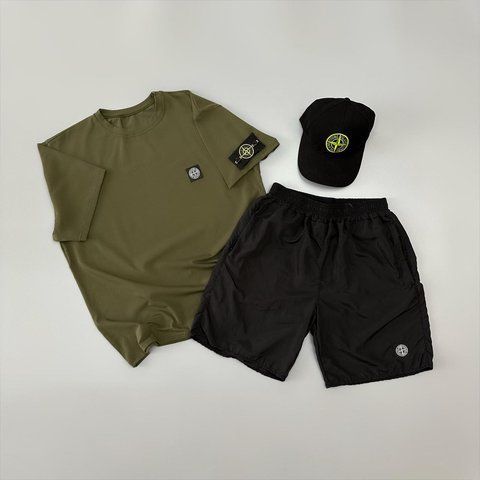 Чоловічий літній костюм Stone Island Футболка Шорти Кепка хакі із патчем Стон Айленд Will-SS0022 фото