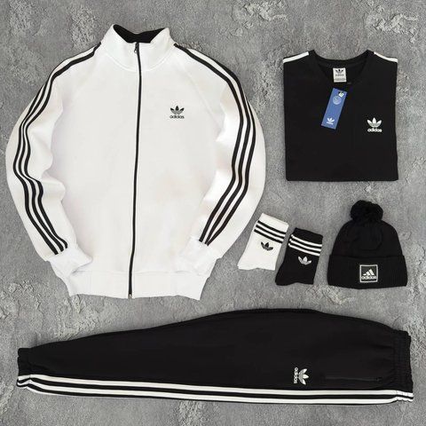 Мужской зимний спортивный костюм Adidas белый Набор Адидас 5в1 Кофта Штаны Футболка Шапка Хар-677 фото