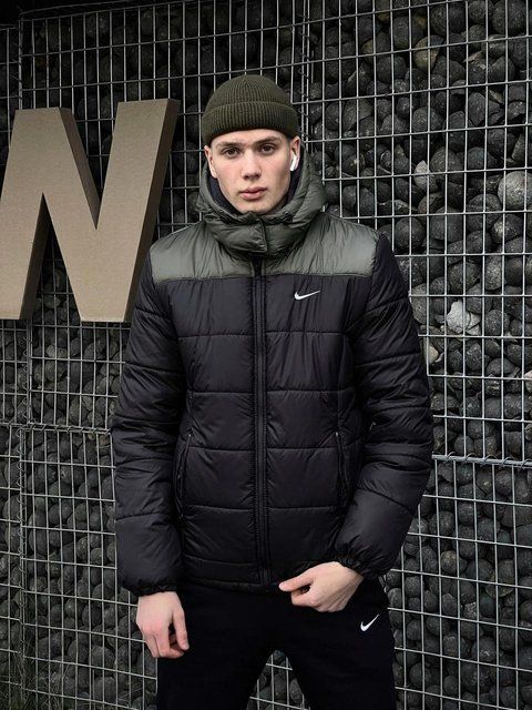 Чоловіча зимова куртка Nike чорна з хакі Пуховик Найк з капюшоном Intr-1676227897 фото