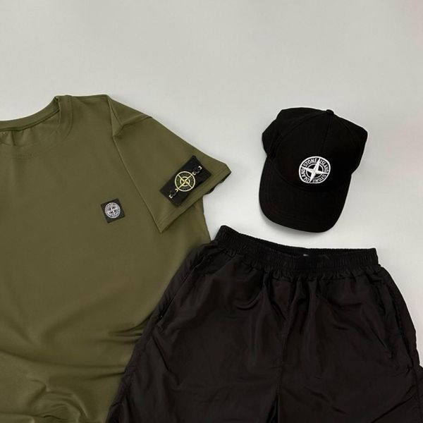 Мужской летний костюм Stone Island Футболка Шорты Кепка хаки с патчем Стон Айленд Will-SS0022 фото