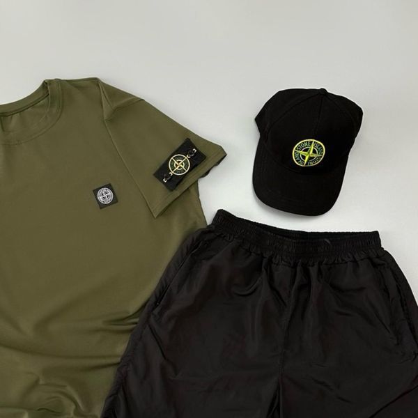 Мужской летний костюм Stone Island Футболка Шорты Кепка хаки с патчем Стон Айленд Will-SS0022 фото