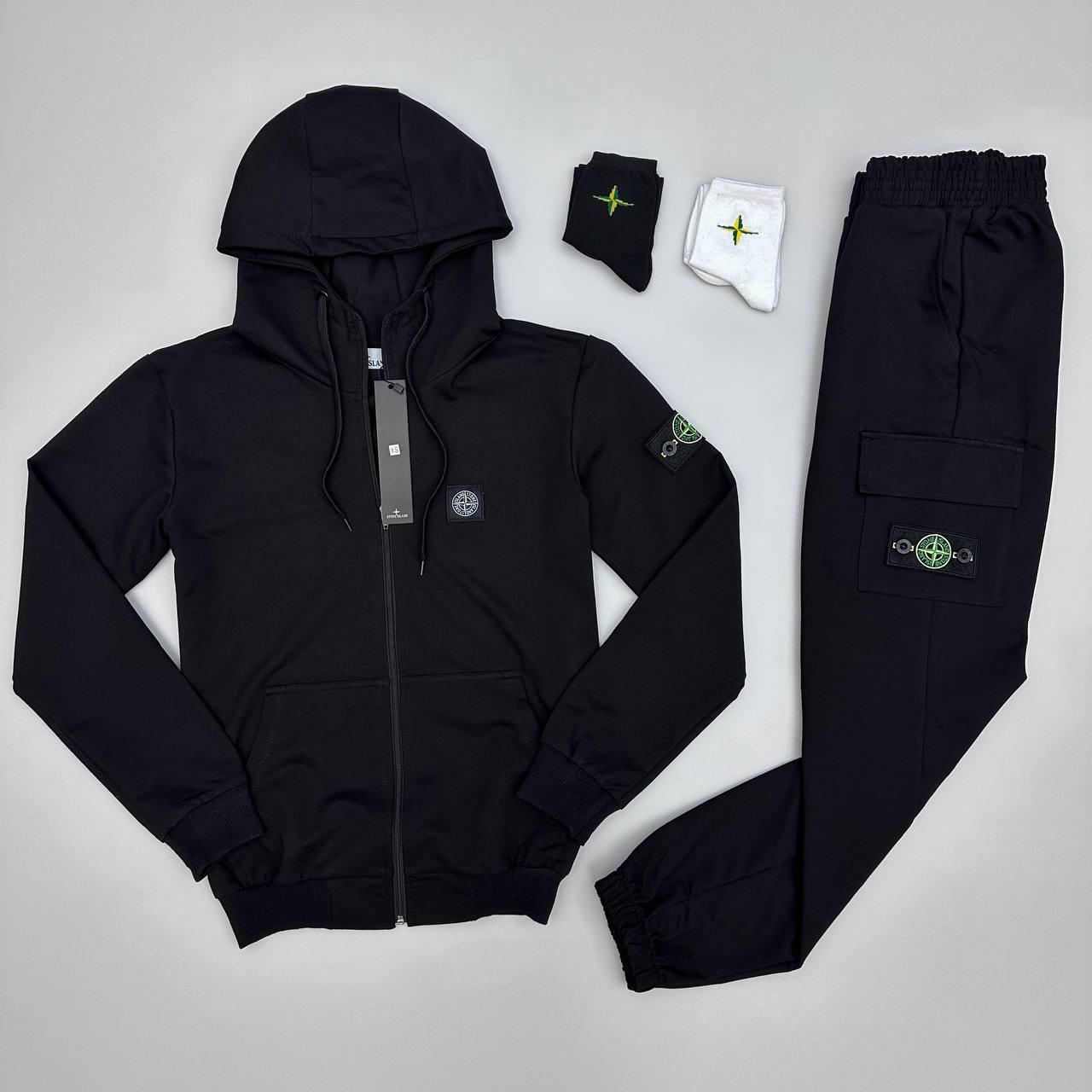 Чоловічий спортивний костюм Stone Island з капюшоном на блискавці чорний Комплект Стон Айленд Толстовка Штани