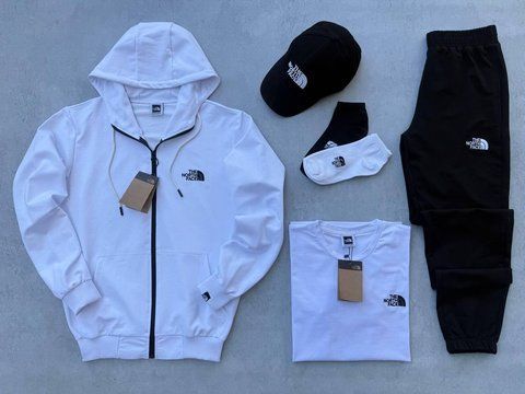 Мужской спортивный костюм The North Face 3в1 белый Комплект ТНФ Зип-худи Штаны Футболка Кепка Хар-451 фото