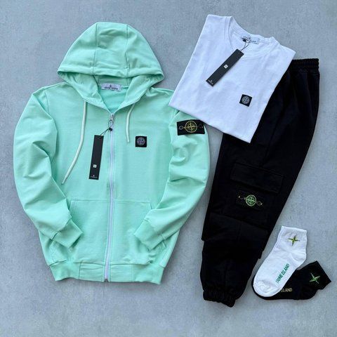 Мужской спортивный костюм Stone Island 3в1 с капюшоном мятный Набор Стон Айленд Костюм Футболка Хар-648 фото
