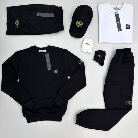 Мужской спортивный костюм Stone Island черный с белым Набор Стон Айленд Костюм Футболка Шорты Кепка Мой-133 фото