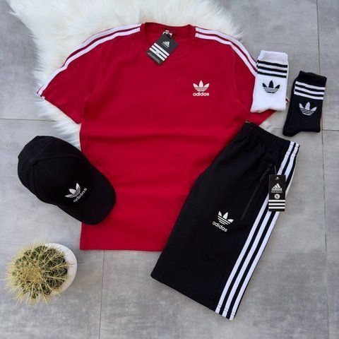 Чоловічий літній костюм Adidas Футболка Шорти Кепка червоний з чорним Комплект Адідас Хар-216 фото