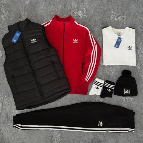 Мужской зимний спортивный костюм Adidas красный Набор Адидас Костюм Жилет Шапка Футболка без капюшона Хар-692 фото