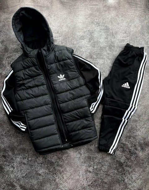 Мужской спортивный костюм Adidas черный Комплект Адидас Кофта на змейке с капюшоном Штаны Жилетка Pav-211 фото