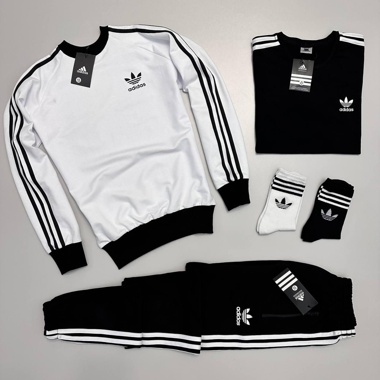 Мужской костюм Adidas 3в1 белый с черным Комплект Адидас Свитшот Штаны Футболка