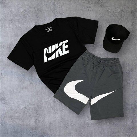 Чоловічий літній костюм Nike Футболка Шорти Кепка чорний з сірим Комплект Найк Will-N0103 фото