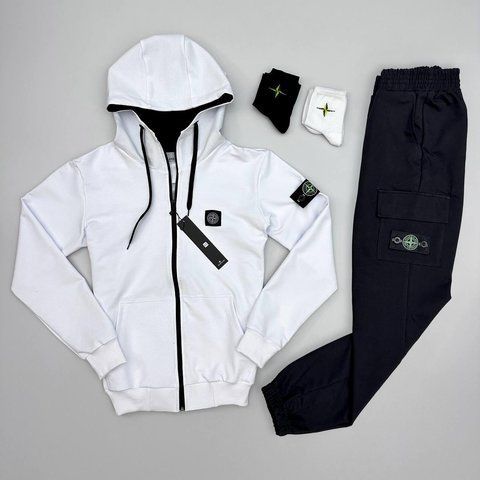 Мужской спортивный костюм Stone Island с капюшоном черно-белый Комплект Стон Айленд Толстовка Штаны Хар-219 фото