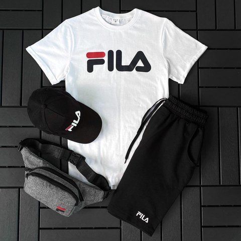 Чоловічий літній костюм Fila Футболка Шорти Кепка Барсетка чорно-білий комплект Філа Ow-163 фото
