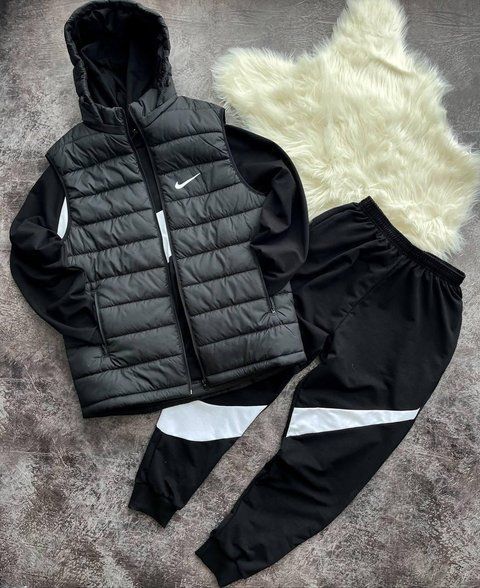 Мужской спортивный костюм Nike Big Swoosh черный Комплект Найк Худи Штаны Жилетка Pav-202 фото