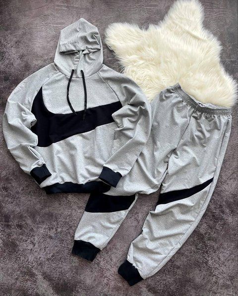 Мужской зимний спортивный костюм Nike Big Swoosh серый Комплект Найк Худи Штаны с капюшоном Univer-85 фото