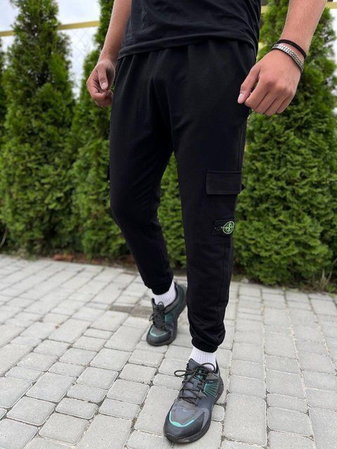 Мужские спортивные штаны Stone Island Карго черные с патчем Брюки Стон Айленд на резинке Хар-410 фото