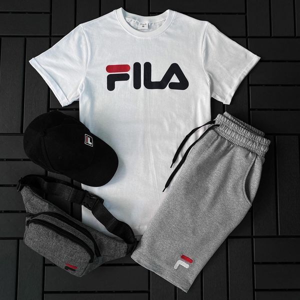 Мужской летний костюм Fila Футболка Шорты Кепка Барсетка черно-белый комплект Фила Ow-163 фото