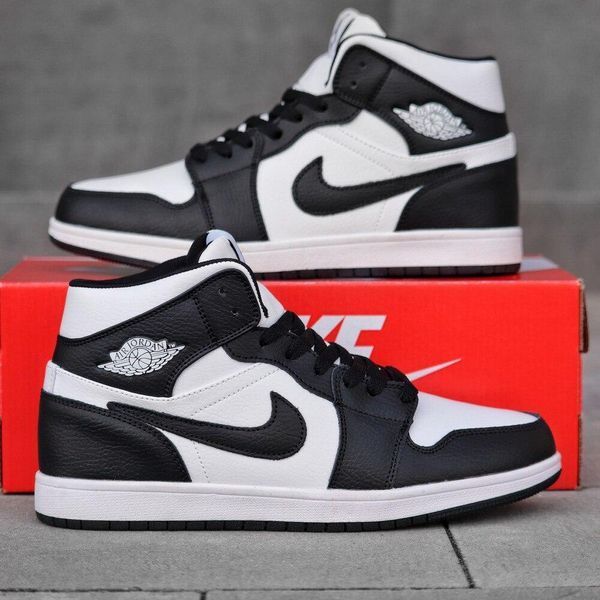Мужские зимние кроссовки Nike Air Jordan 1 черно-белые Найк Джордан кожаные Arm-A8343-ч фото