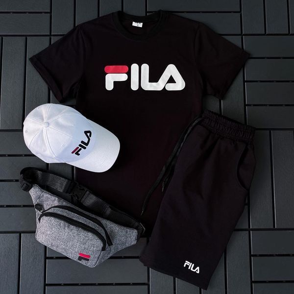 Мужской летний костюм Fila Футболка Шорты Кепка Барсетка черно-белый комплект Фила Ow-163 фото