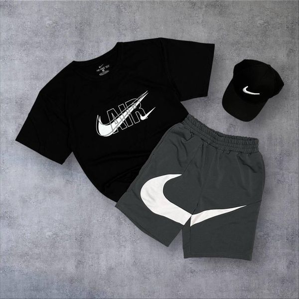 Чоловічий літній костюм Nike Футболка Шорти Кепка чорний з сірим Комплект Найк Will-N0103 фото