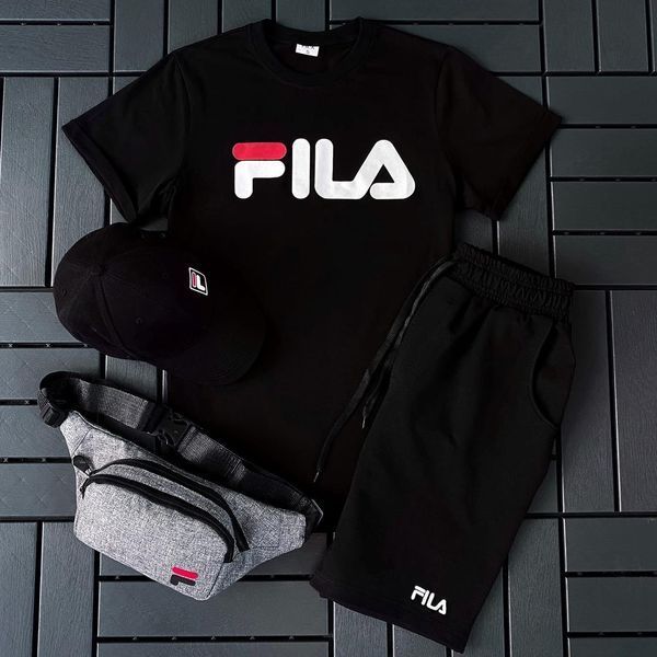 Мужской летний костюм Fila Футболка Шорты Кепка Барсетка черно-белый комплект Фила Ow-163 фото