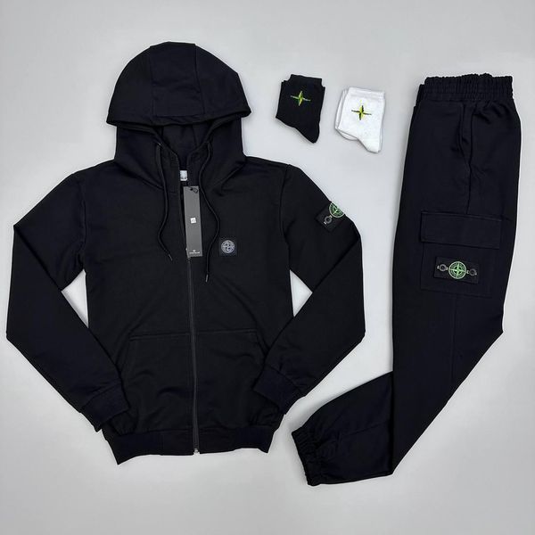 Мужской спортивный костюм Stone Island с капюшоном черно-белый Комплект Стон Айленд Толстовка Штаны Хар-219 фото