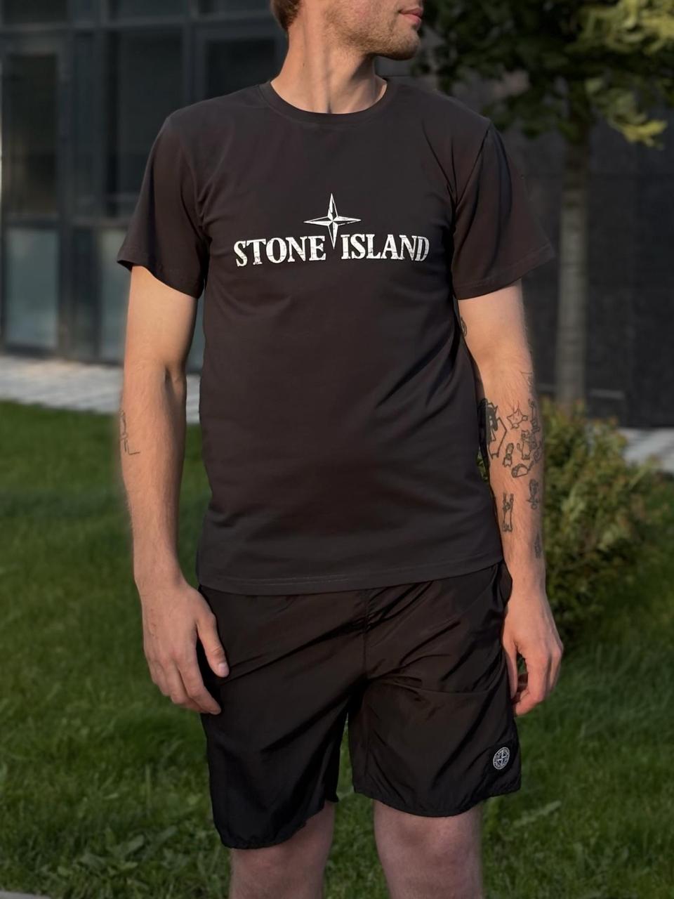 Мужской летний костюм Stone Island Футболка Шорты темно-серый с черным Стон Айленд