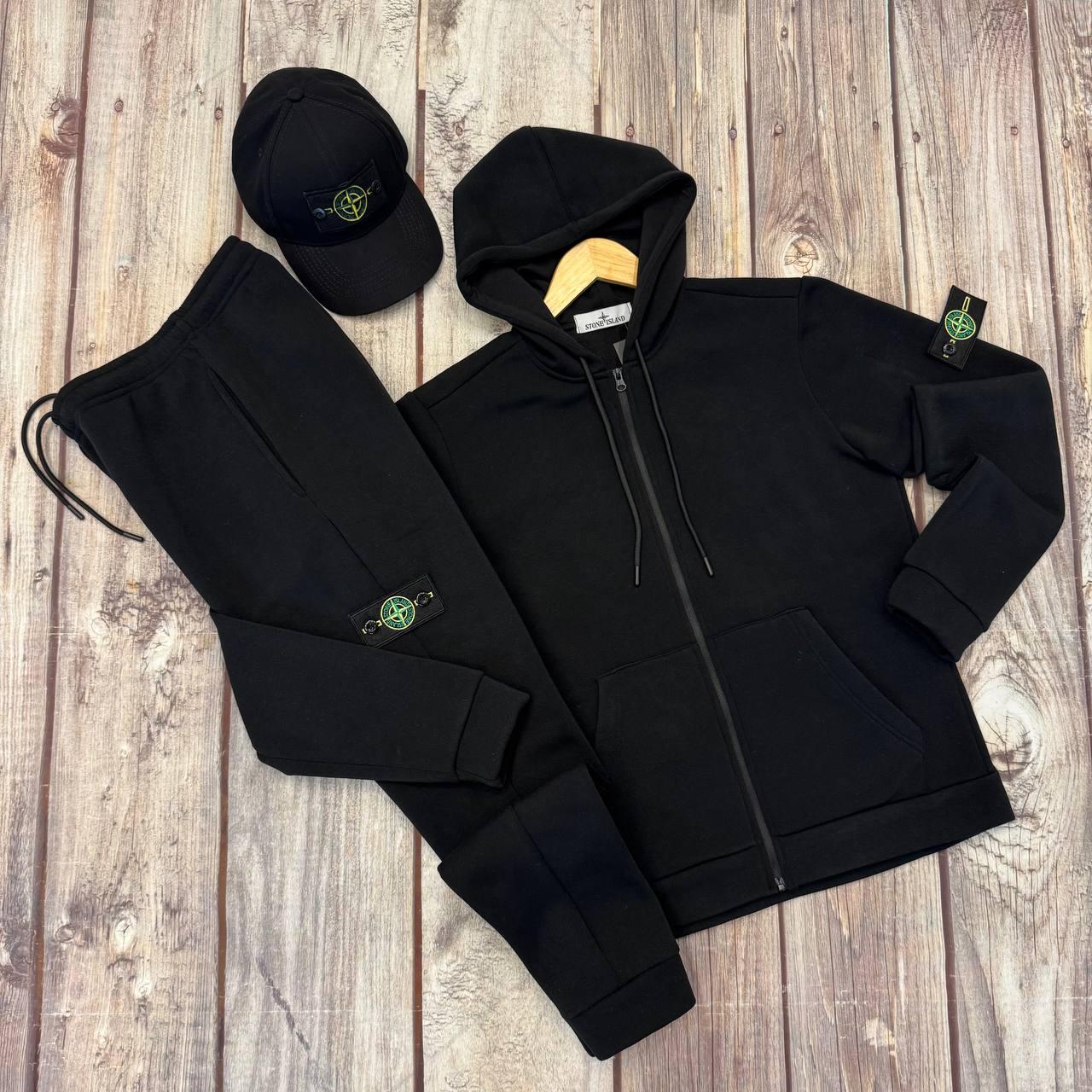 Чоловічий зимовий спортивний костюм Stone Island чорний Стон Айленд з капюшоном