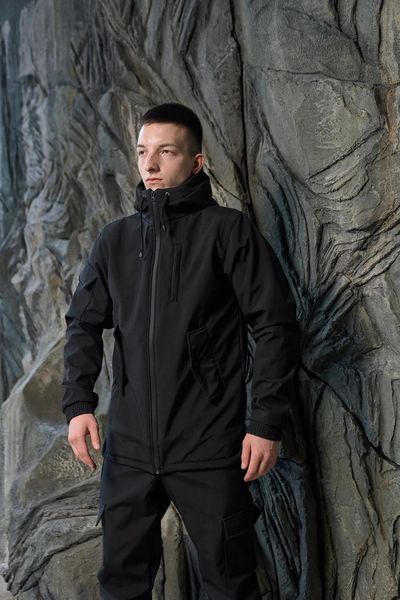 Мужская куртка из Soft Shell с капюшоном черная Ветровка водонепроницаемая демосезонная Intr-1590399975 фото