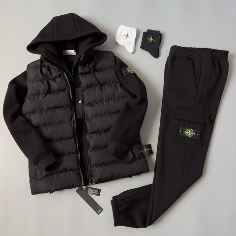 Мужской зимний спортивный костюм Stone Island 3в1 черный Комплект Стон Айленд Жилетка Костюм Хар-293 фото