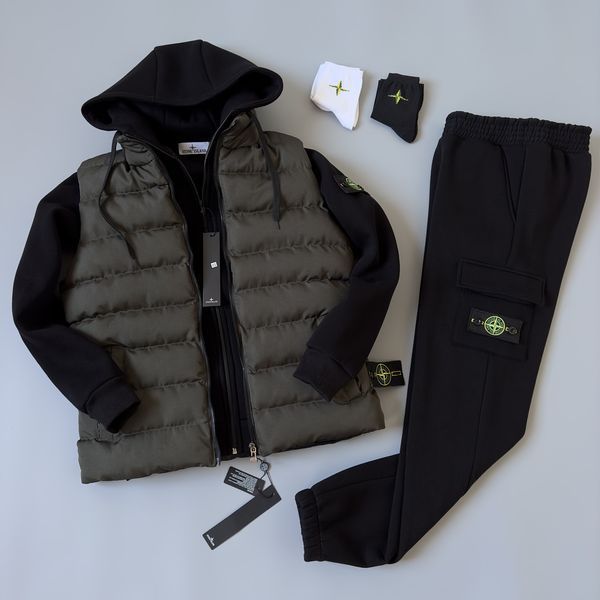 Мужской зимний спортивный костюм Stone Island 3в1 черный Комплект Стон Айленд Жилетка Костюм Хар-293 фото