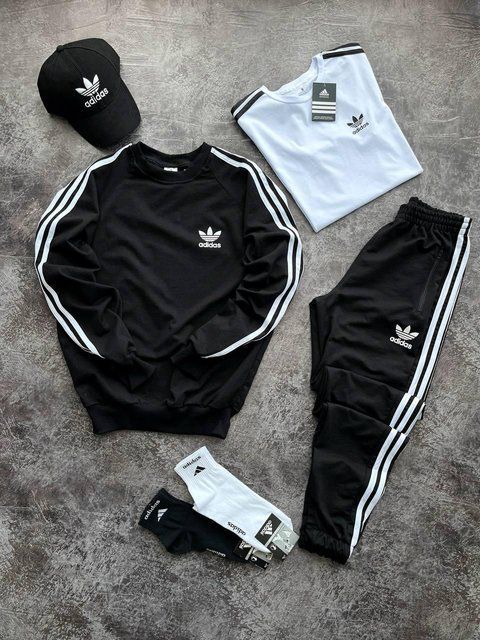 Мужской костюм Adidas 4в1 черный с белым Комплект Адидас Свитшот Штаны Футболка Кепка Хар-825 фото