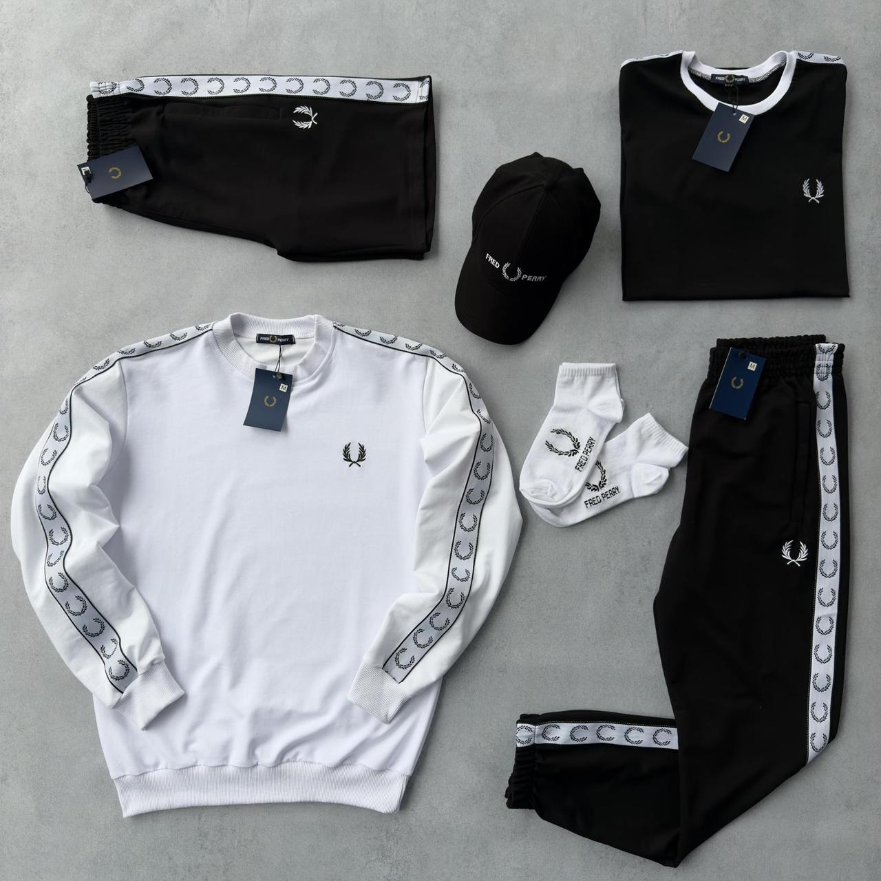 Чоловічий набір Fred Perry 6в1 білий з чорним Комплект Фред Перрі Світшот Штани Шорти Футболка Кепка