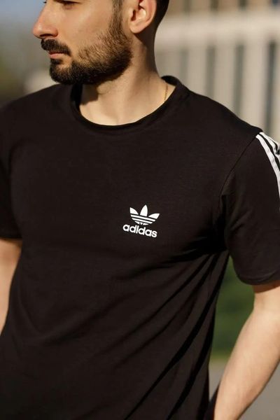 Мужская футболка Adidas черная с полосами Адидас с лампасами Мой-61/Хар-846 фото