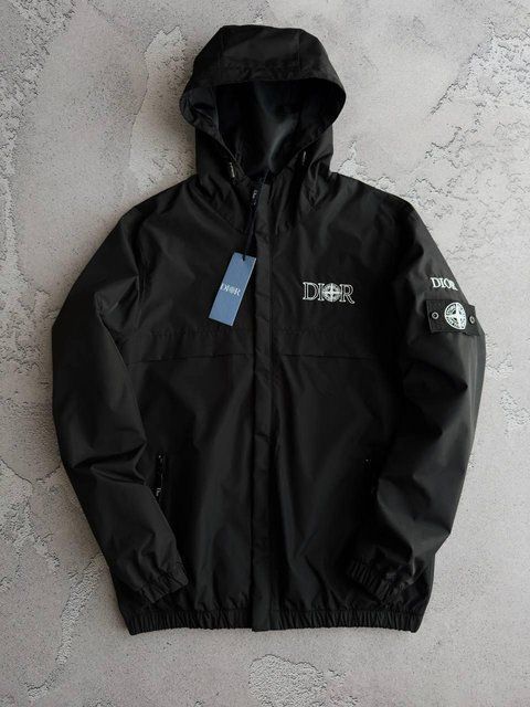 Мужская ветровка Stone Island x Dior с патчем черная Куртка Стон Айленд x Диор с капюшоном весенняя Хар-583 фото