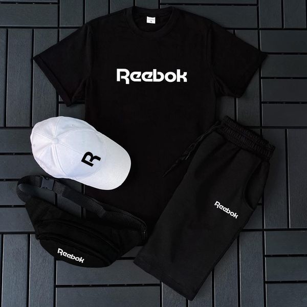 Мужской летний костюм Reebok Футболка Шорты Кепка Барсетка черный Комплект Рибок Ow-192 фото