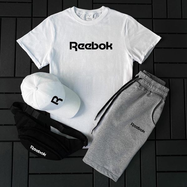 Мужской летний костюм Reebok Футболка Шорты Кепка Барсетка черный Комплект Рибок Ow-192 фото