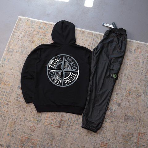 Мужской спортивный костюм Stone Island черный с капюшоном Комплект Худи Штаны плащевка Стон Айленд Ads-406 фото
