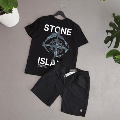 Чоловічий літній костюм Stone Island Футболка Шорти чорний Стон Айленд Ads-373 фото