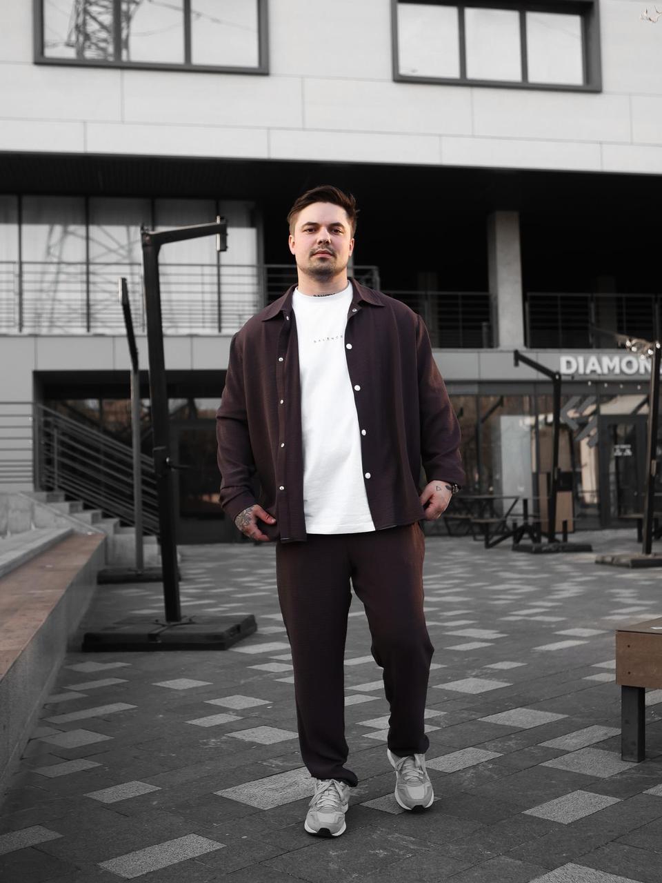 Чоловічий лляний костюм сорочка та штани коричневий