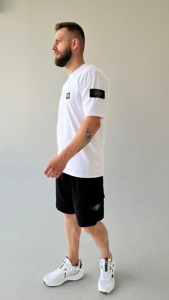 Чоловічий літній костюм Футболка Шорти Stone Island чорно-білий з патчем Стон Айленд Хар-875 (коп1) фото