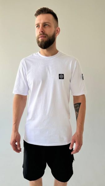 Чоловічий літній костюм Футболка Шорти Stone Island чорно-білий з патчем Стон Айленд Хар-875 (коп1) фото