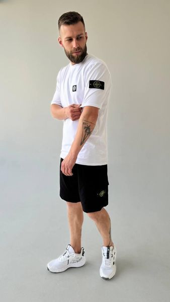 Чоловічий літній костюм Футболка Шорти Stone Island чорно-білий з патчем Стон Айленд Хар-875 (коп1) фото