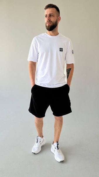 Чоловічий літній костюм Футболка Шорти Stone Island чорно-білий з патчем Стон Айленд Хар-875 (коп1) фото