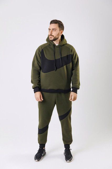 Мужской зимний спортивный костюм Nike Big Swoosh хаки Комплект Найк Худи Штаны с капюшоном Univer-86 фото