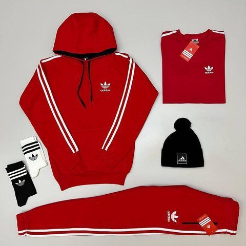 Мужской зимний спортивный костюм Adidas 4в1 красный Комплект Адидас Костюм Футболка Шапка Хар-382 фото