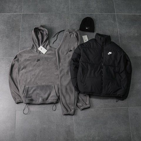 Мужской зимний костюм Nike плюшевый серый Комплект Найк Костюм Пуховик Шапка Ads-583 фото