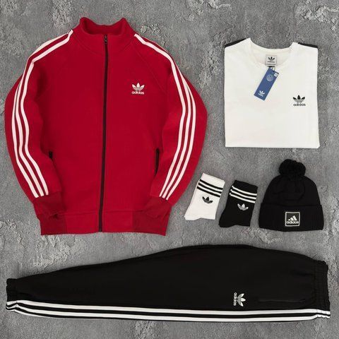 Мужской зимний спортивный костюм Adidas красный Набор Адидас 5в1 Кофта Штаны Футболка Шапка Хар-678 фото