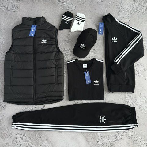 Мужской костюм Adidas 6в1 Жилетка + Кофта + Штаны + Футболка + Носки черный Хар-827 фото