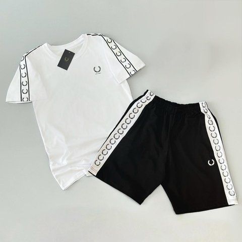 Мужской летний костюм Fred Perry Футболка Шорты белый с черным Комплект Фред Перри Will-FP0018 фото