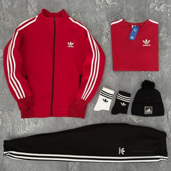 Чоловічий зимовий спортивний костюм Adidas червоний Набір Адідас 5в1 Кофта Штани Футболка Шапка Хар-678 фото